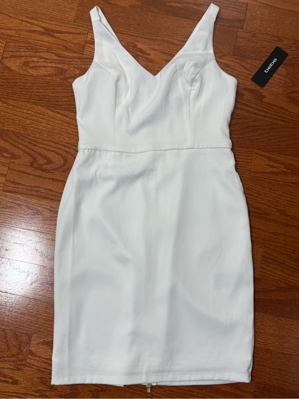 NWT Bebe Ivory White Bodycon Mini Dress Gold Zip Size M